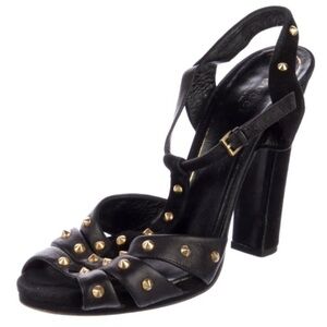 Gucci Black Leather Studded Block Heel Ankle T‑Strap Sandals